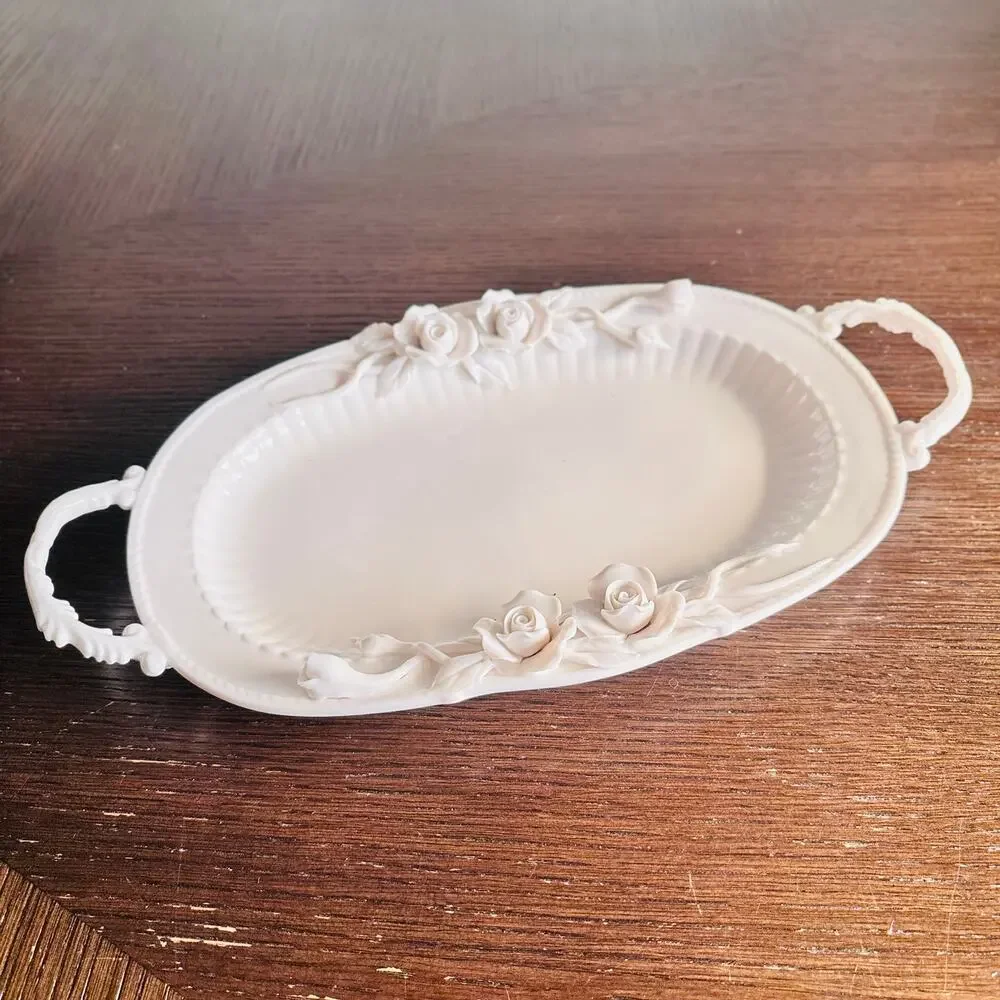 Grace Tea Ware White Porcelain Serving Tray Applied Roses Double Handle 12